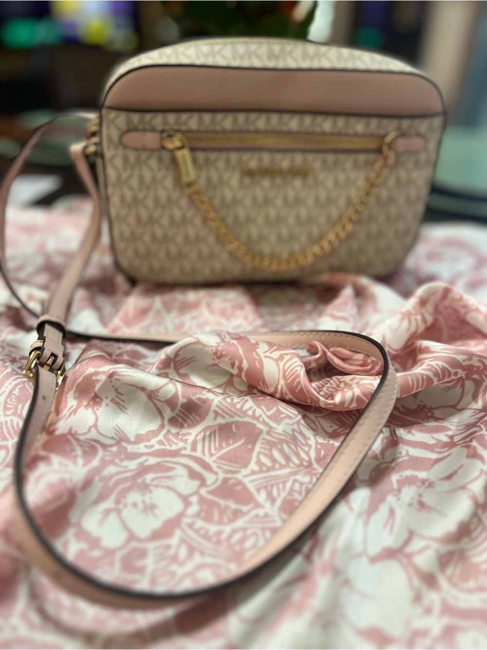Michael Kors Pink Logo Crossbody Camera Bag with Gold Chain